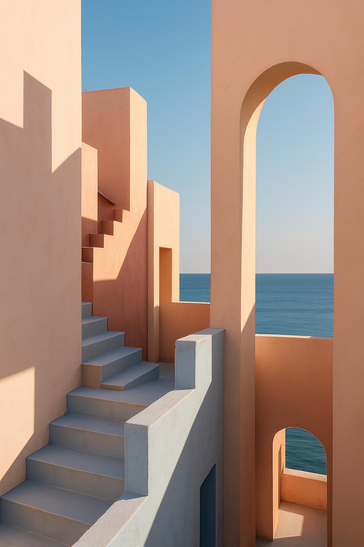 Architectural design, columns, shadows, stylish house in residential setting