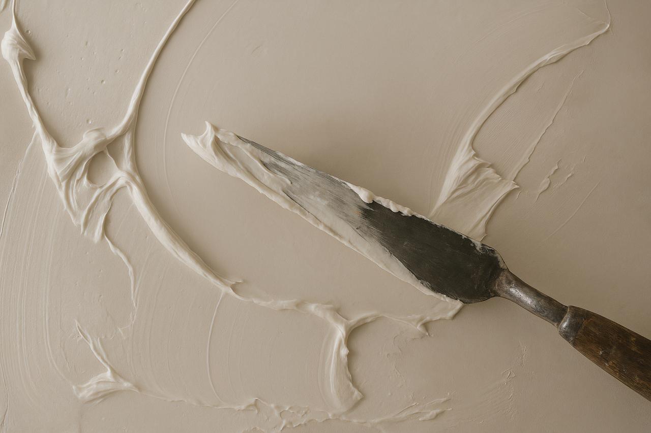 Paint brush on wood with colorful paint and plastered wall