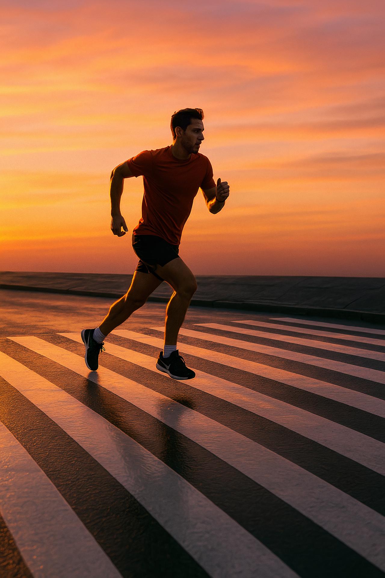 Athlete jogging, long-distance running, sunset, orange sky, dusk