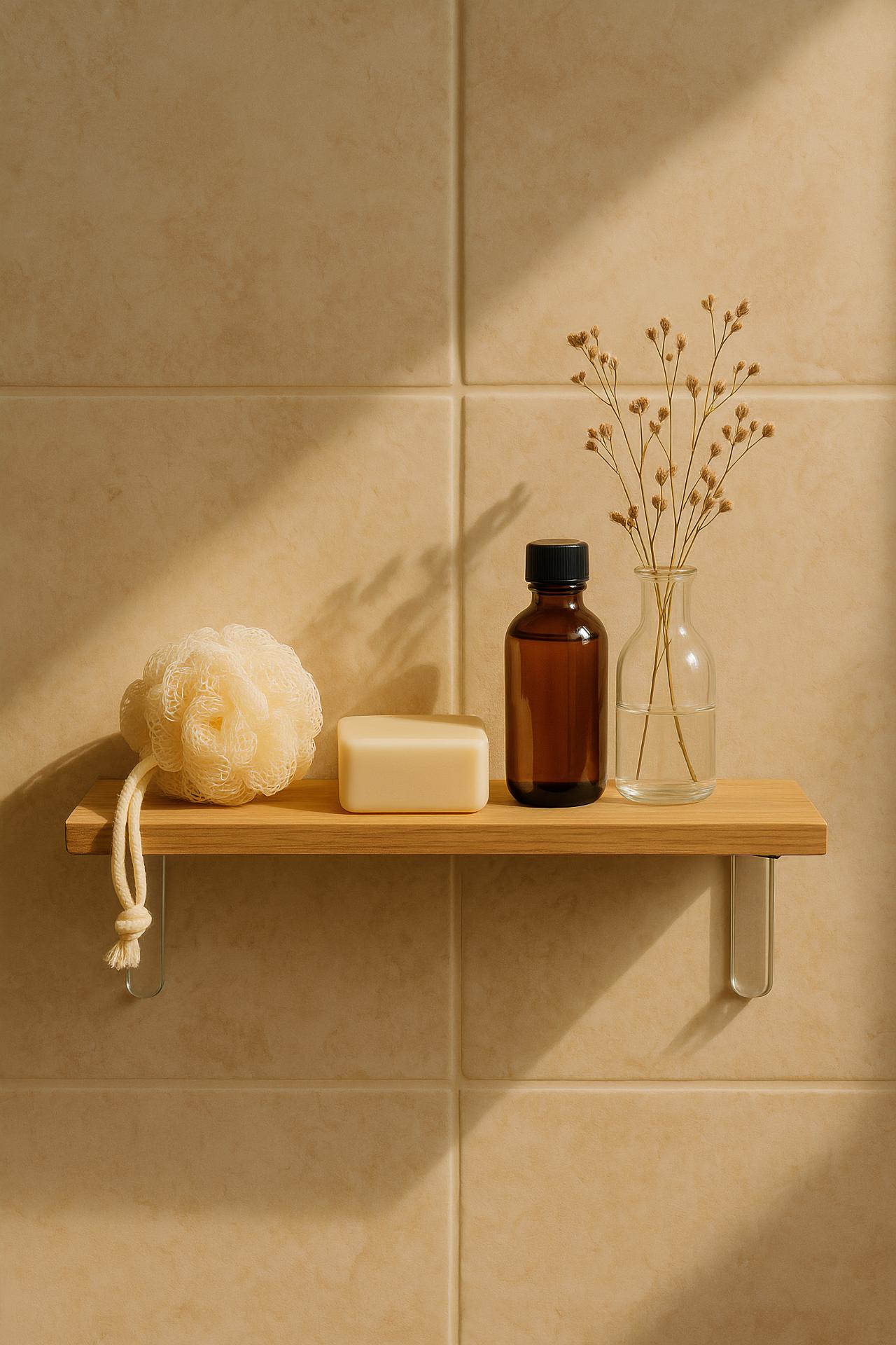 Shelf, personal care items, towels, houseplant, ceramic, tap, bathroom accessories