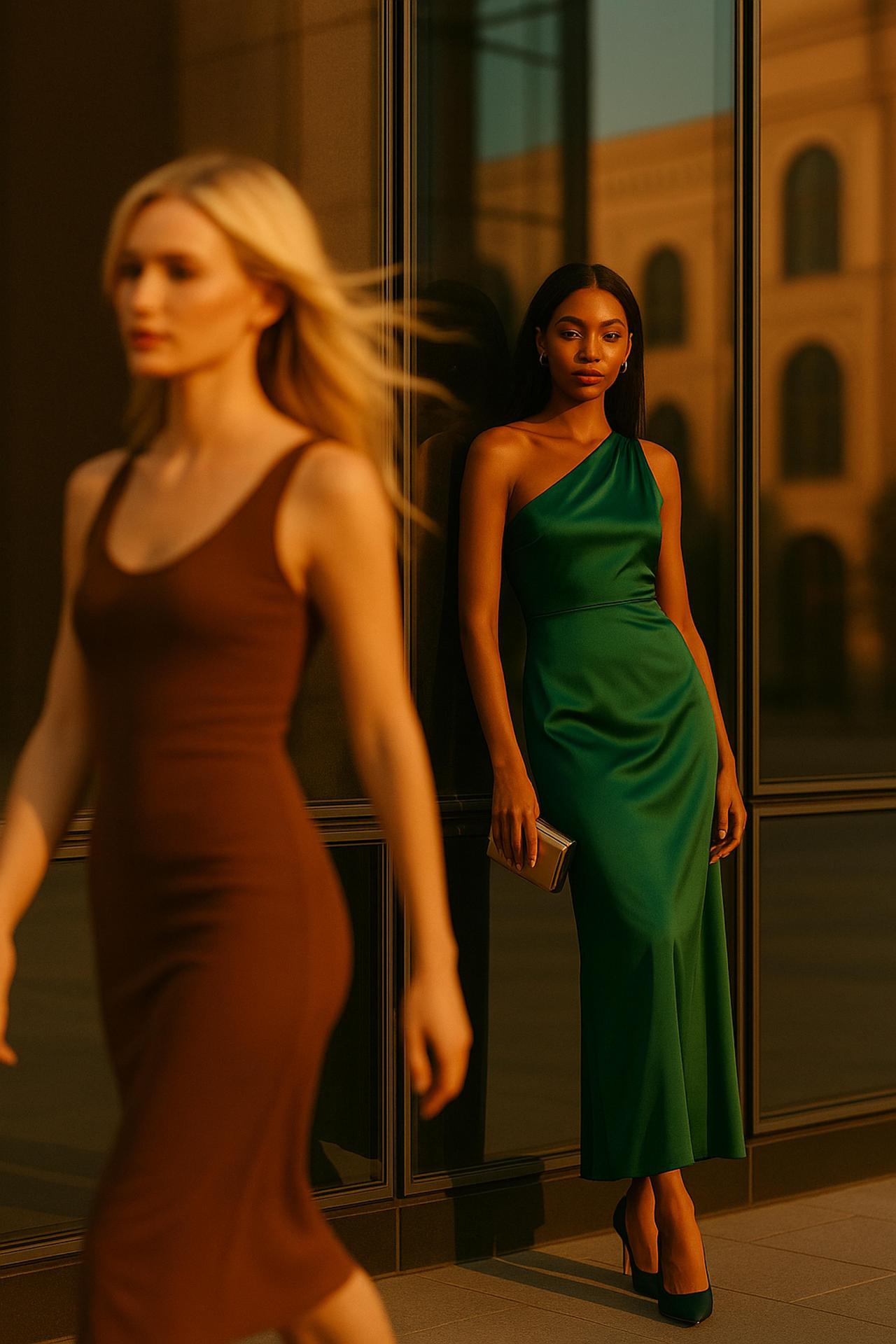 Fashion model in cocktail dress, standing gracefully, showcasing beauty and fashion design