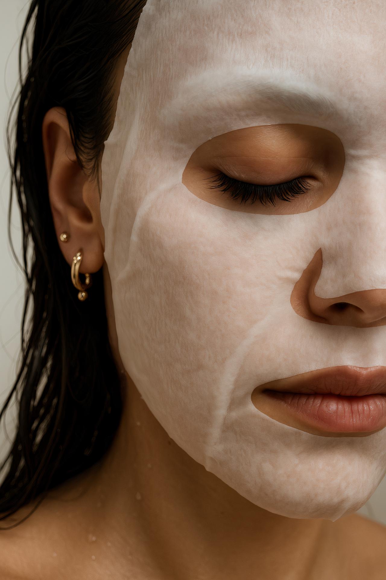 Close-up beauty portrait with lipstick makeover, facial expression, earring, and mask