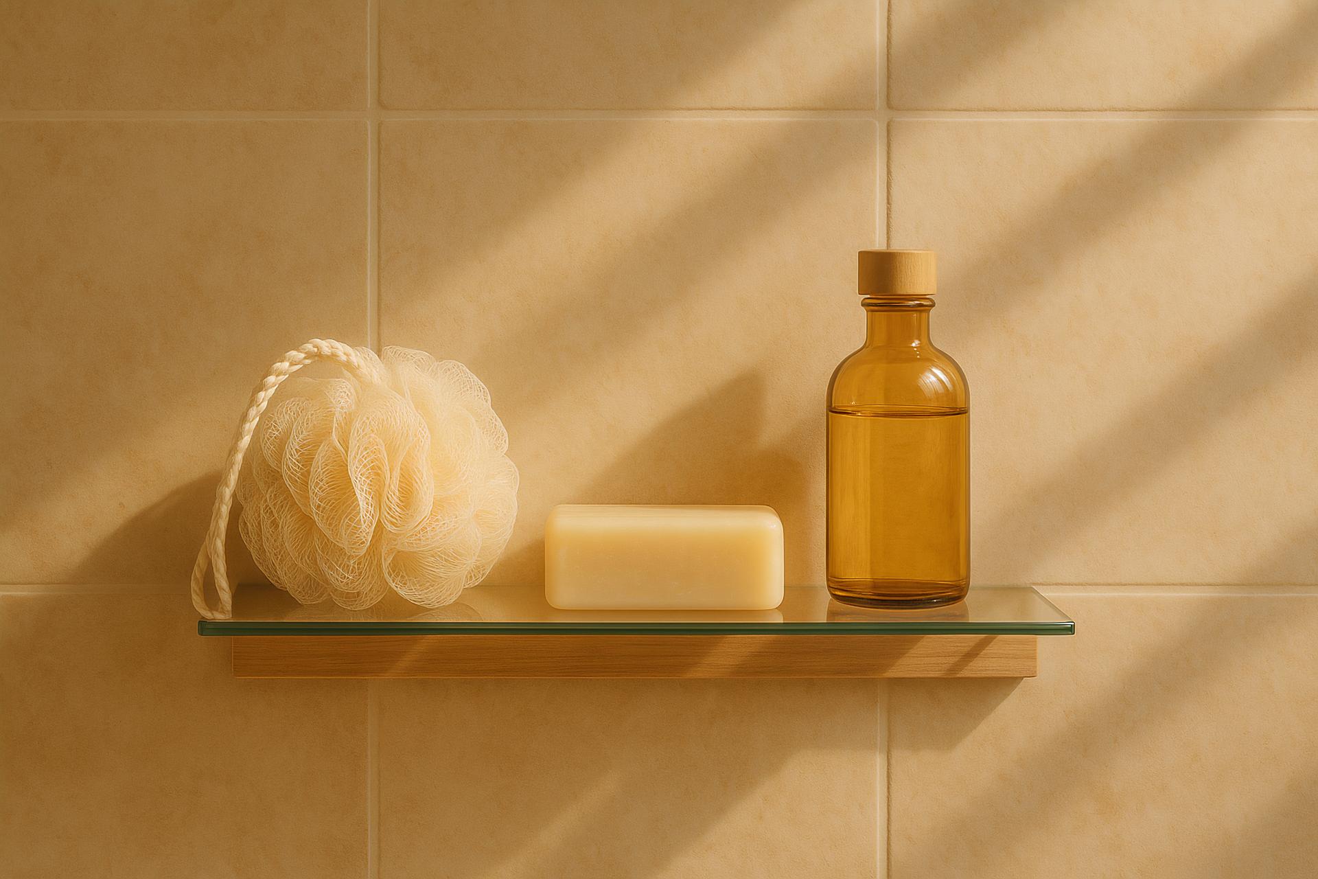 Yellow shelf with personal care items, household supplies, bottles, and towels