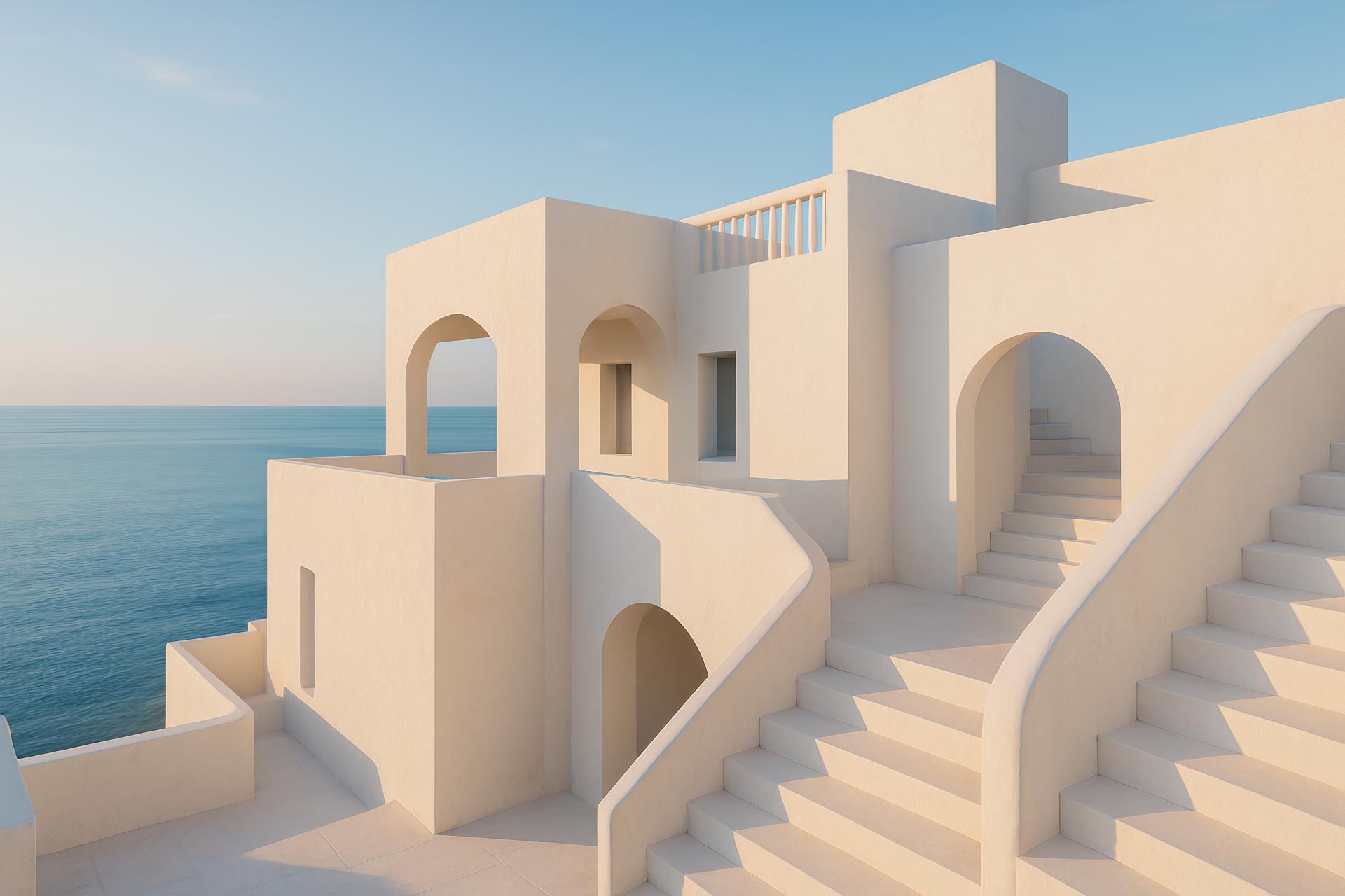 Brutalist staircase, columns, arch, modern design, 3D modeling