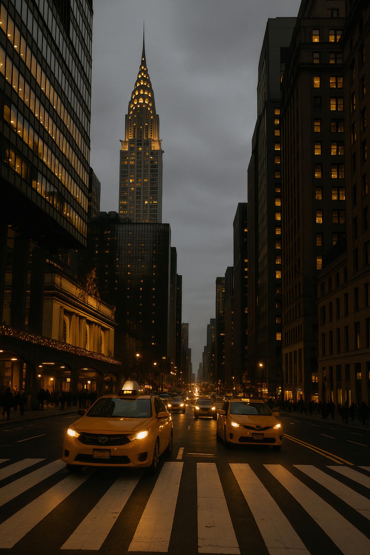 City skyline with skyscrapers at dusk and traffic lights