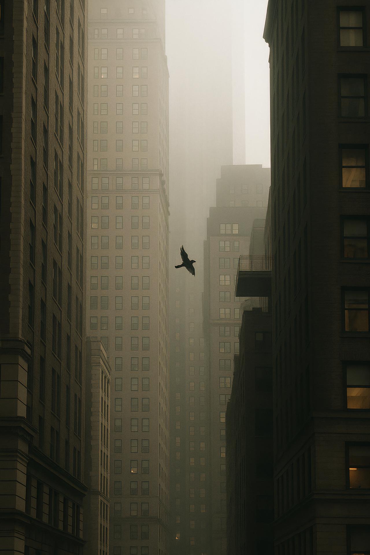 City skyline in mist with skyscrapers