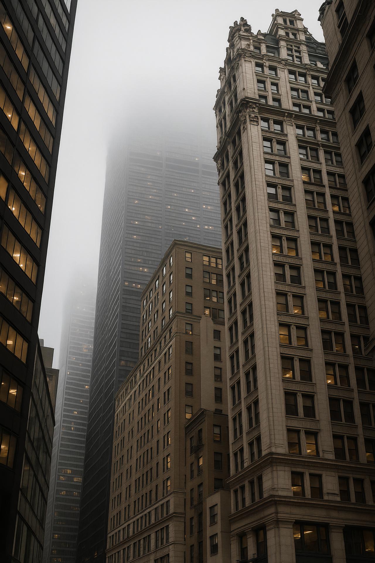 City skyscraper in daytime fog