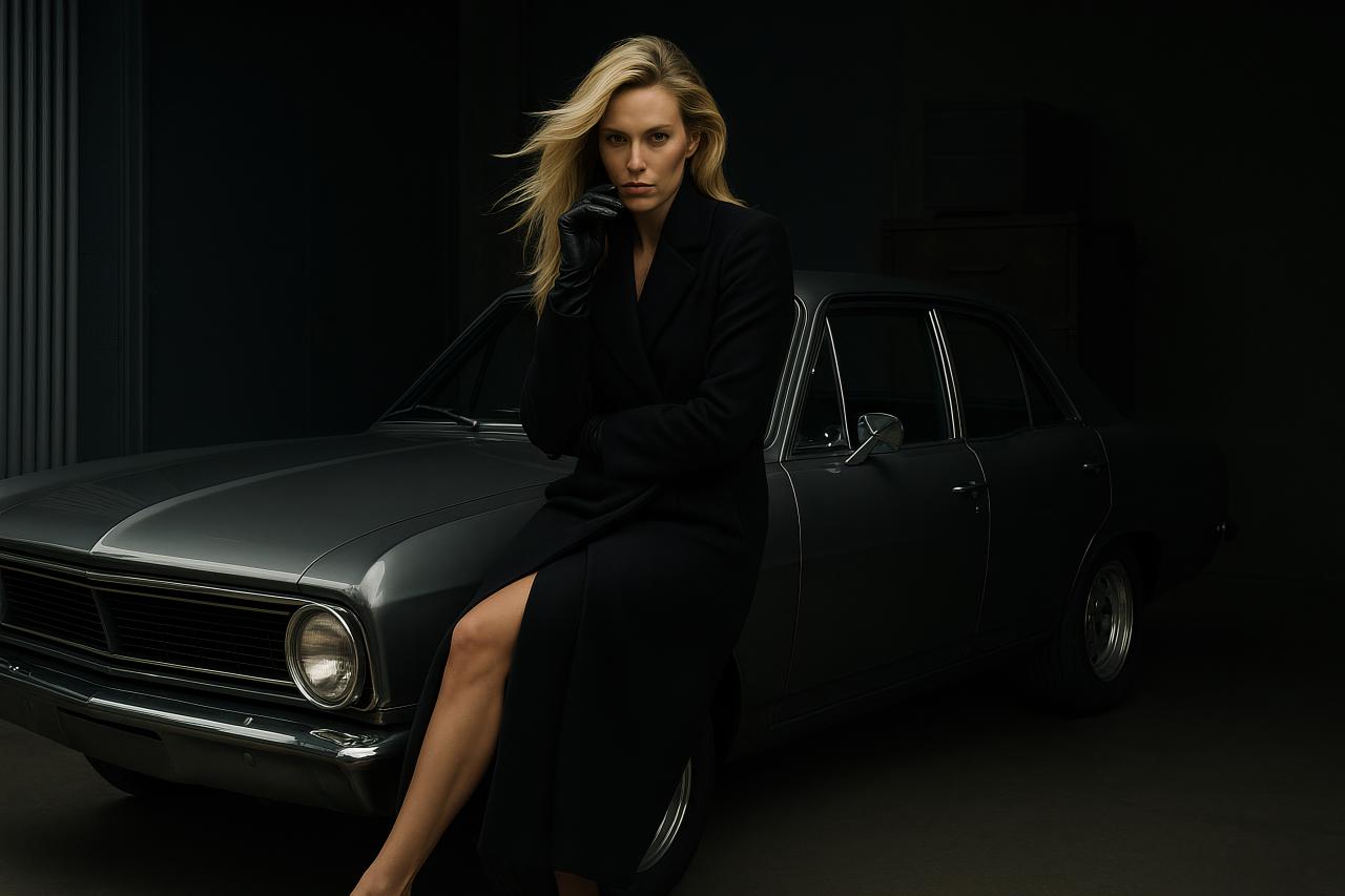 Classic muscle car and fashion model during a photo shoot