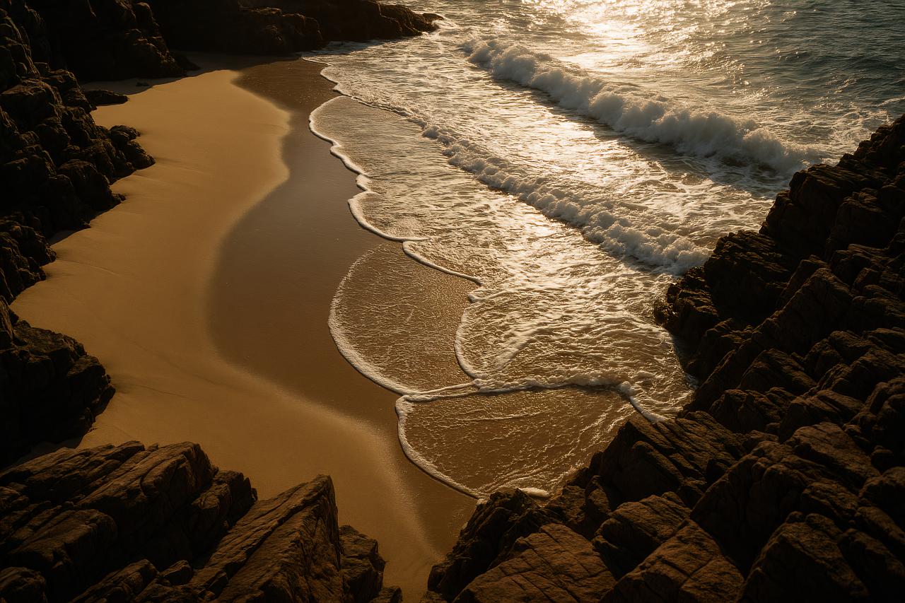 Coastal reflection on water with rocks, waves, sunlight