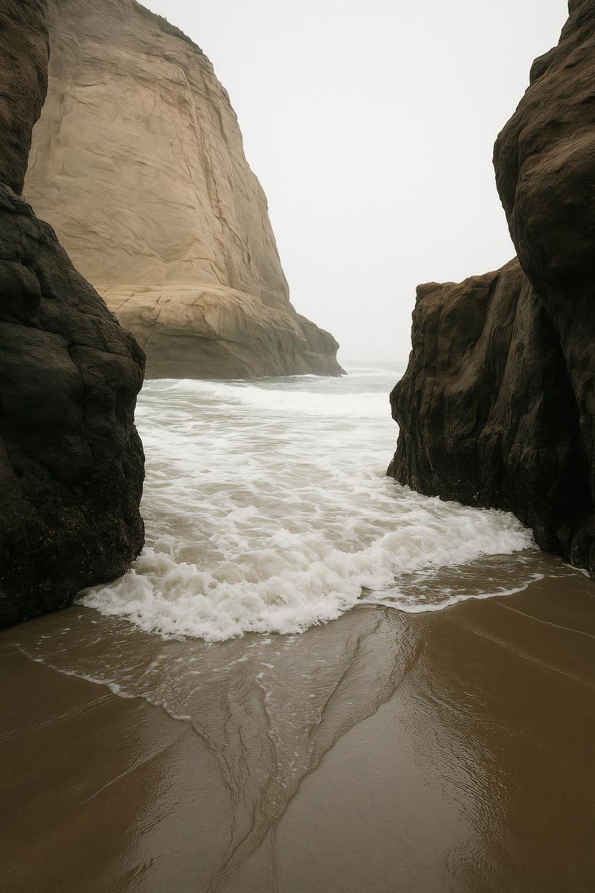 Coastal rock formation with crashing wave at shore