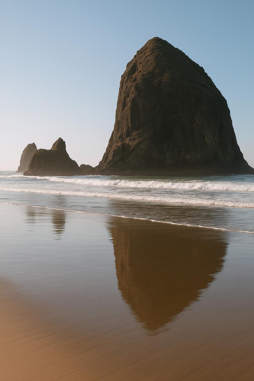 Rocky coast reflecting in water under horizon