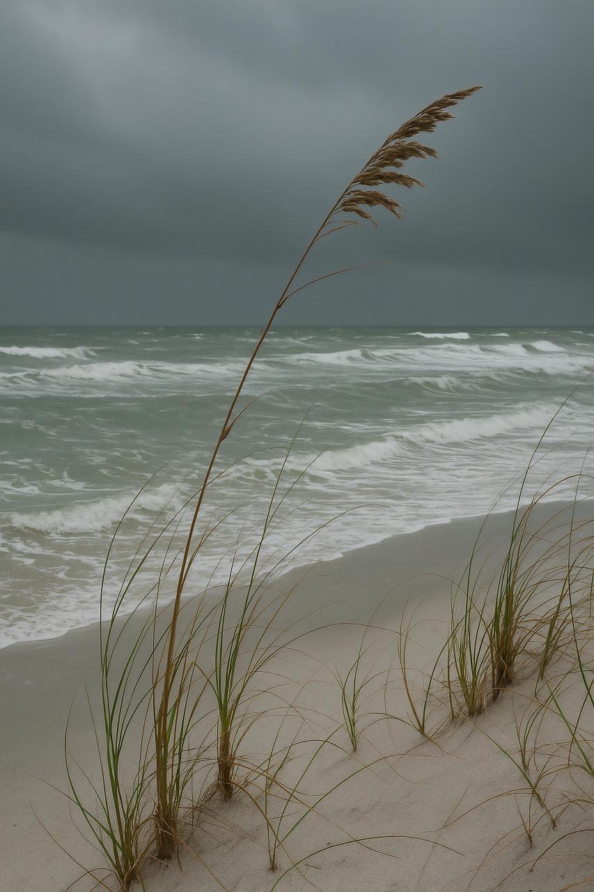 Sandy shore with grasses and sea waves