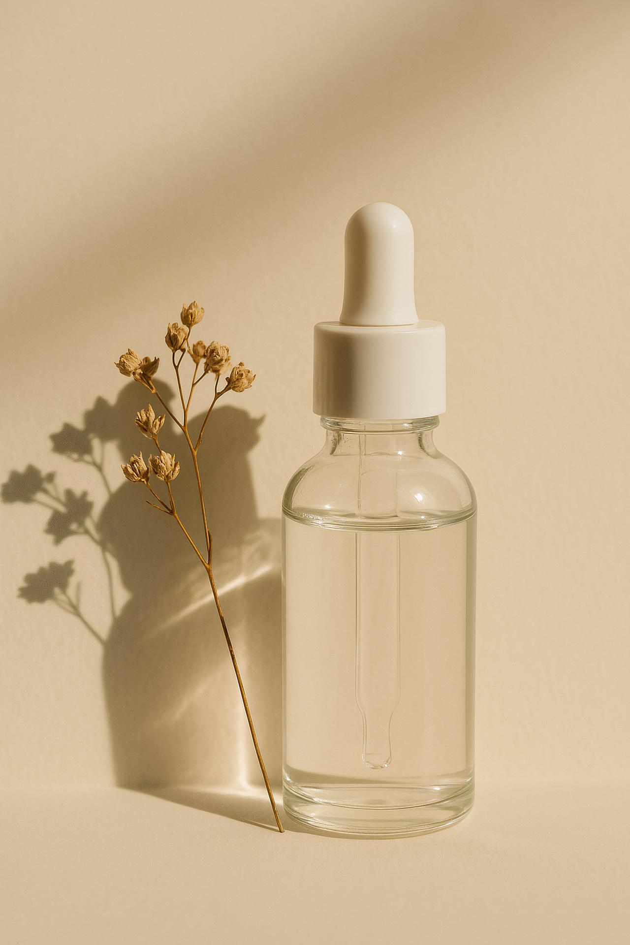 Colorful glass bottles, liquids, plastic containers, laboratory equipment