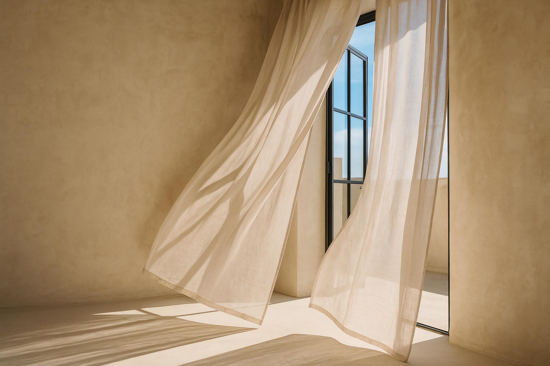 Brown curtains, wood flooring, linens, window treatment, daylighting in a cozy room