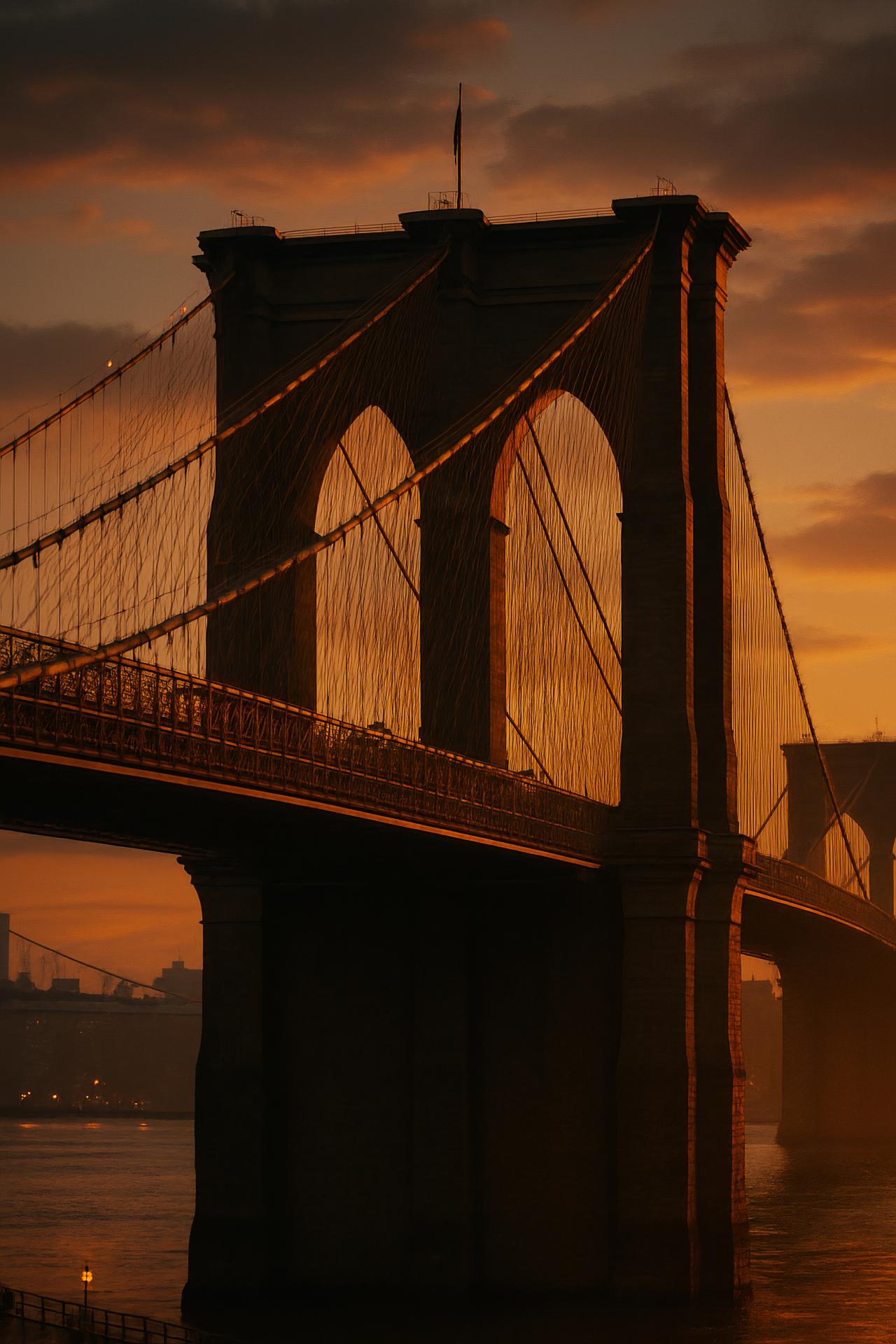 Suspension bridge at dusk reflecting on water