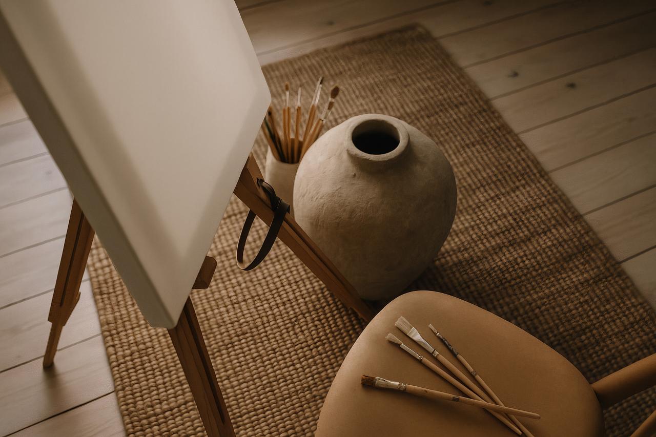 Earthenware lamp, wood furniture, cozy still life setup