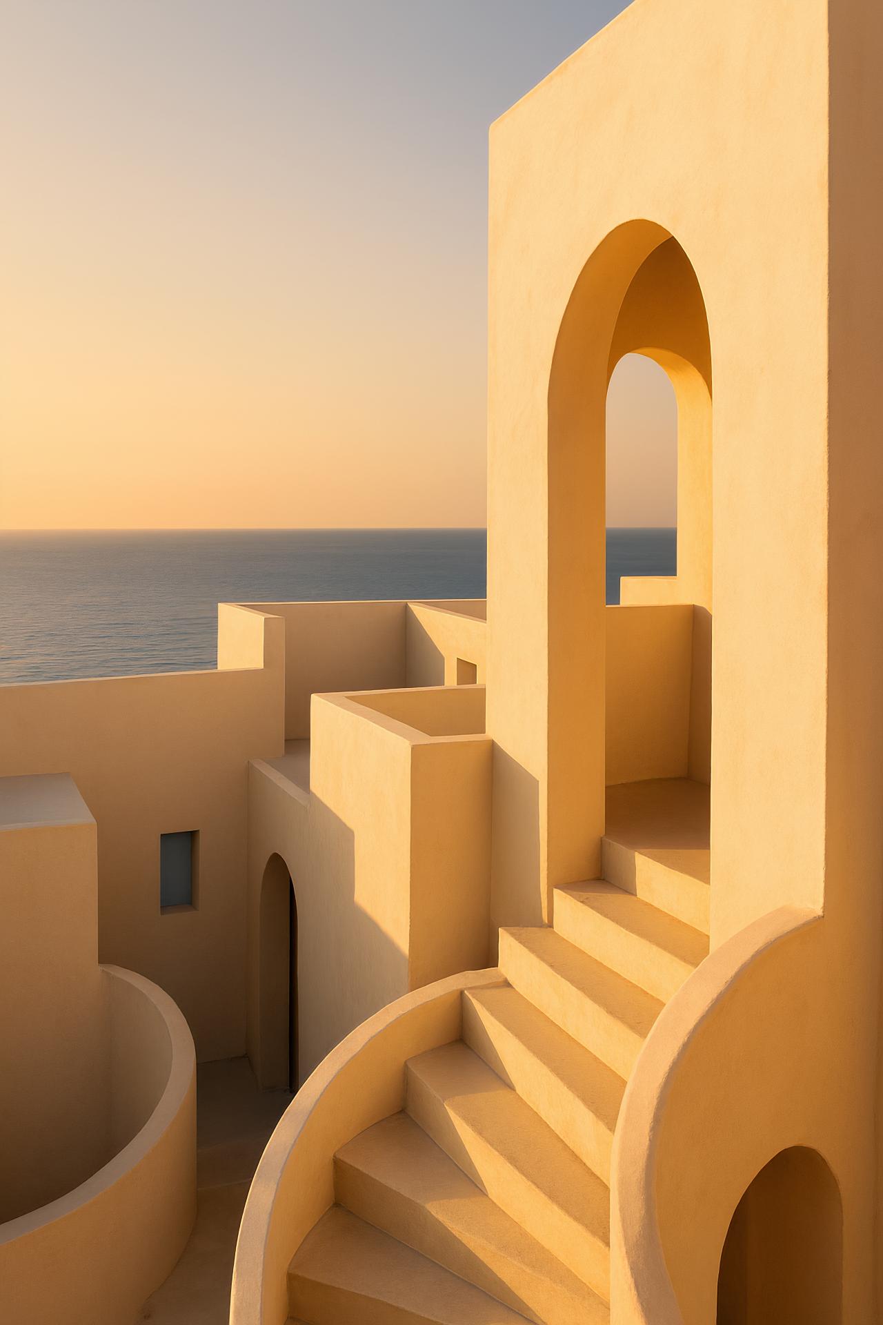 Architectural design with stairs, shadows, and house