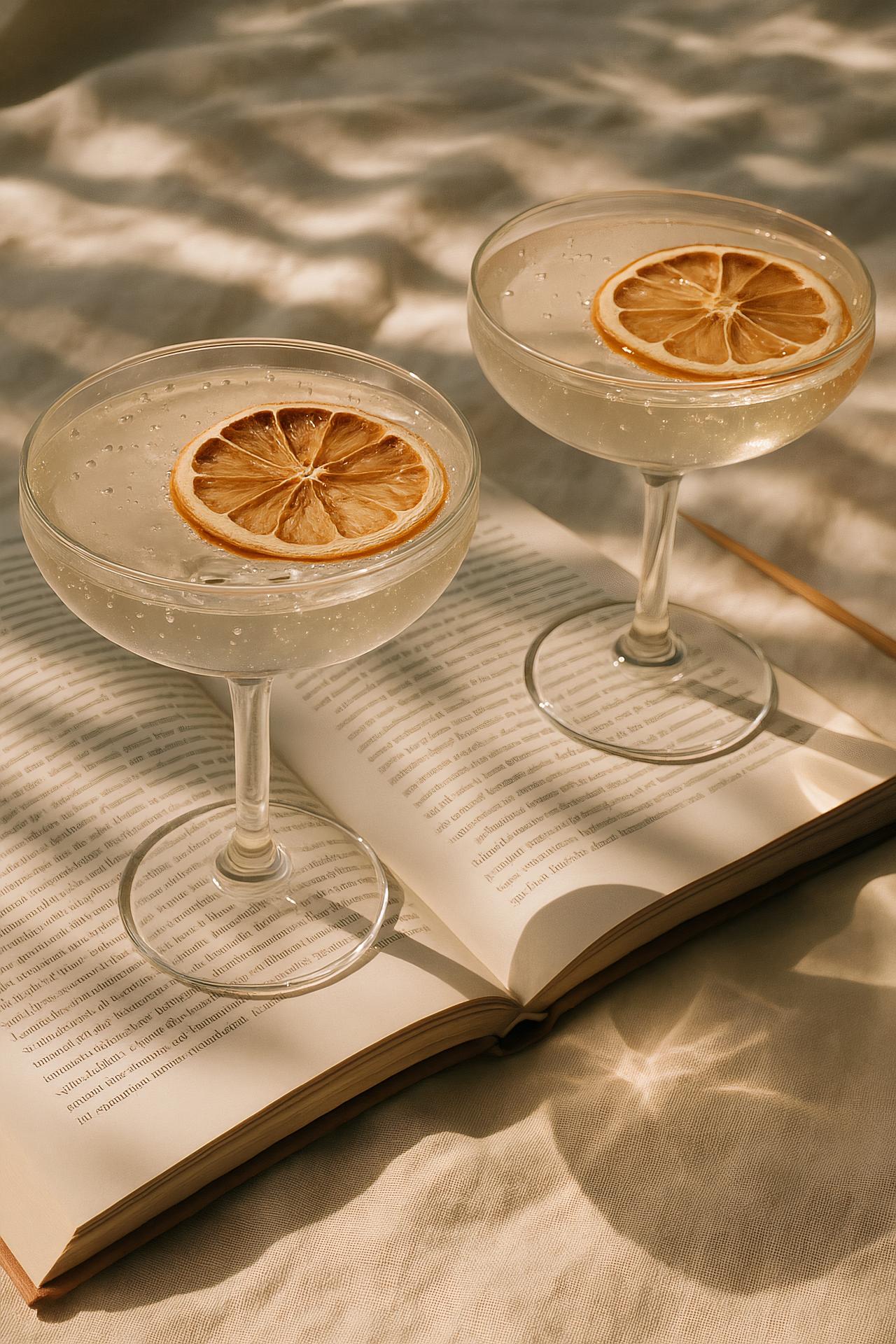 Citrus cocktail in champagne glass with lemon garnish on elegant tableware