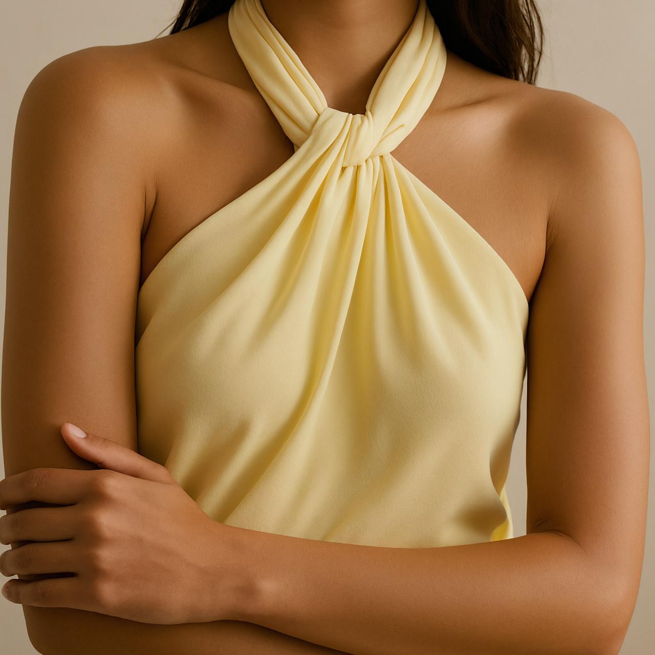 Fashion model in silk cocktail dress with scarf, haute couture gown