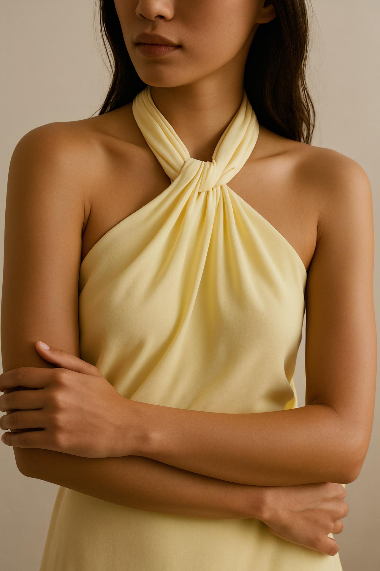 Fashion model in silk cocktail dress with scarf, haute couture gown