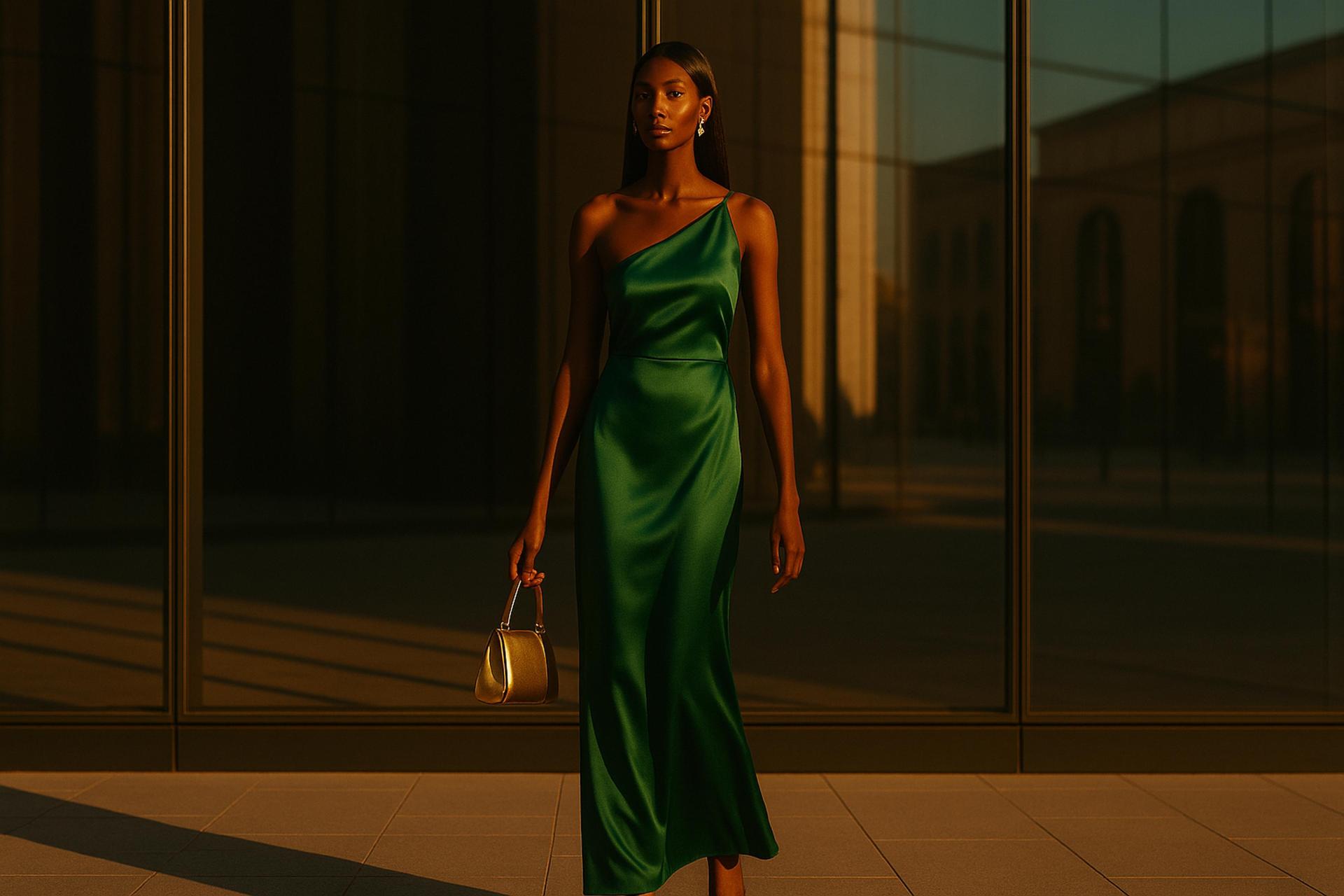 Fashion model in elegant silk gown at fashion show