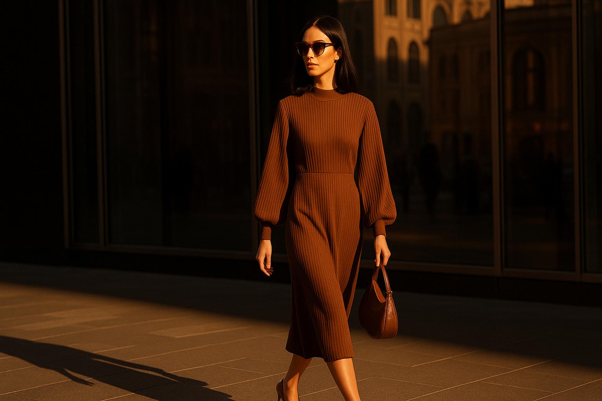 Fashion model in brown dress walking on runway