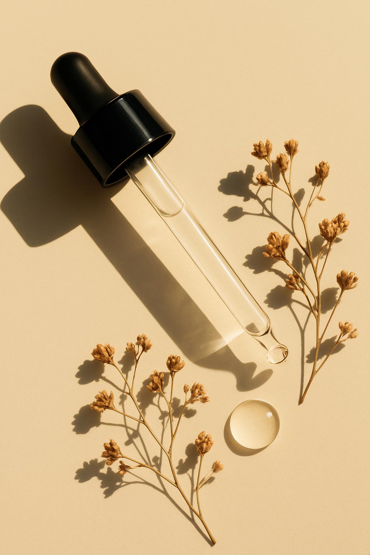 Glass bottle with dog-rose twig still life photography