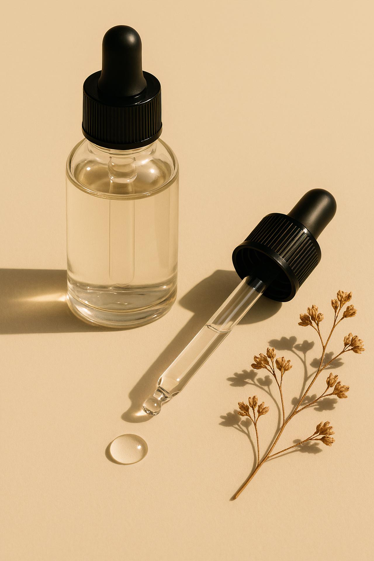 Glass bottles, laboratory equipment, fluids, cylinders, oil, solutions, perfume, eyeliner