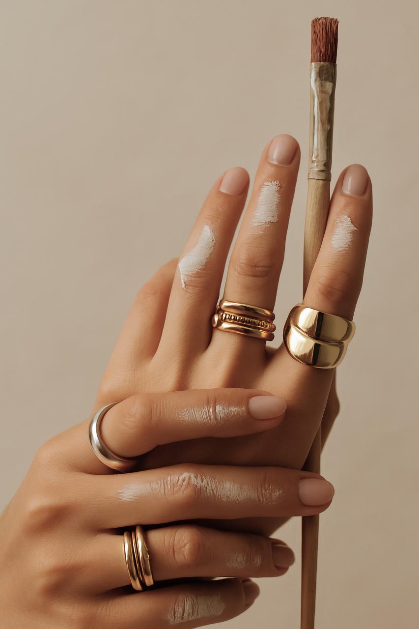 Hand with ring, bracelet, and nail polish