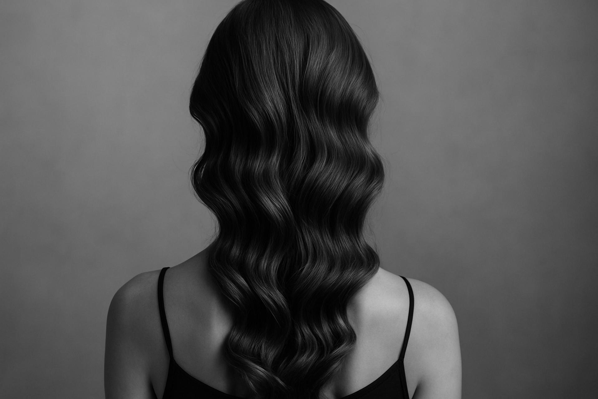 Fashion model with long black hair in elegant monochrome style