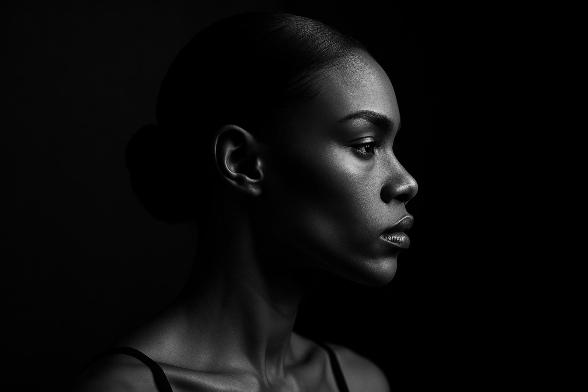 Monochrome portrait of a model with expressive facial features in high-resolution