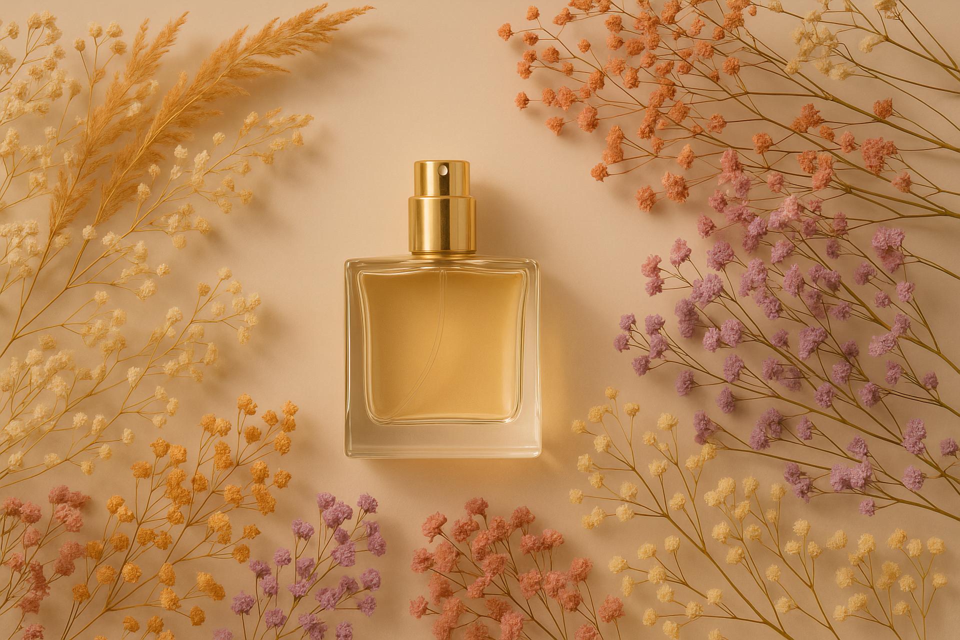 Perfume bottles and blooming broomrapes on display