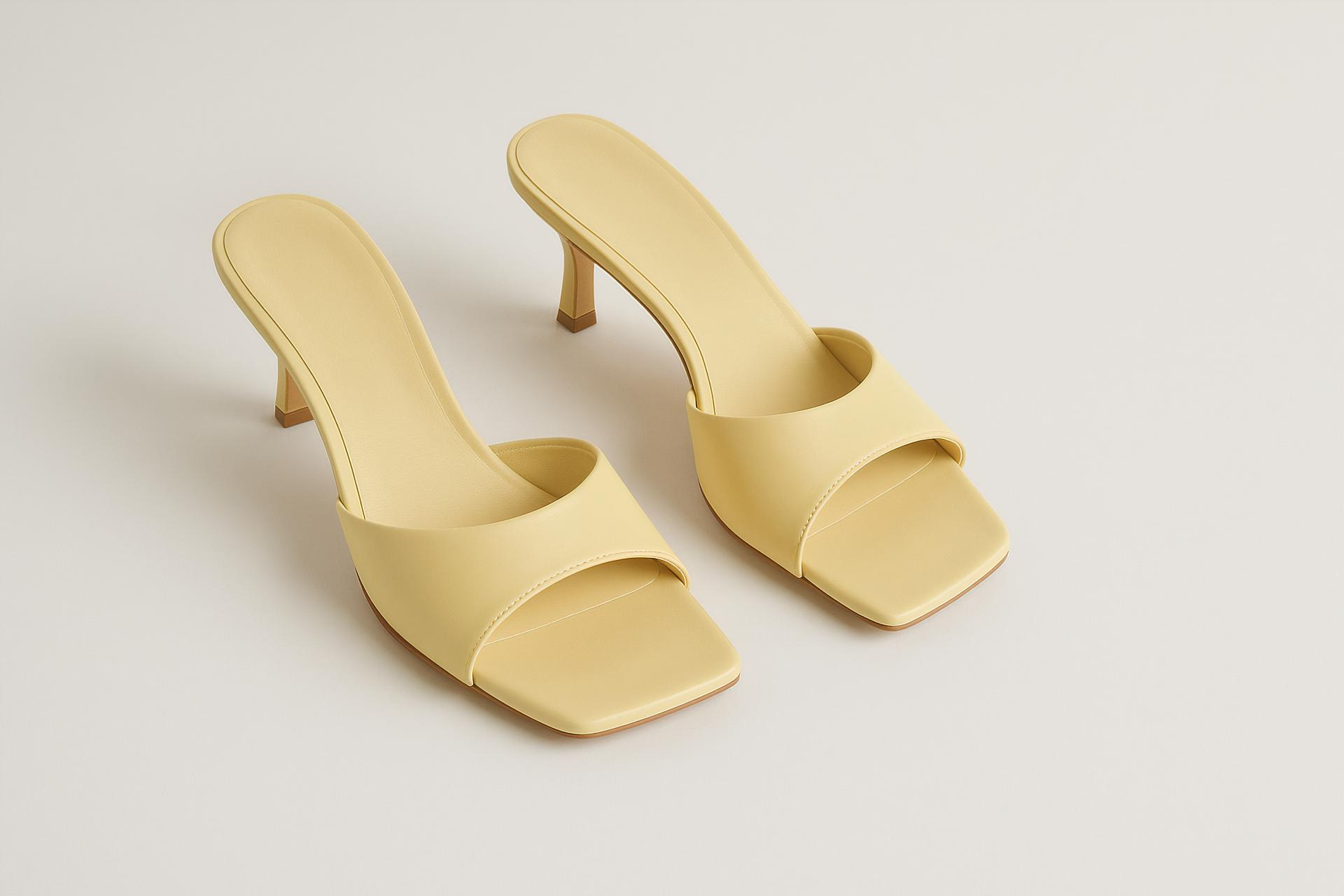 Elegant sandal and pump shoes on natural material background