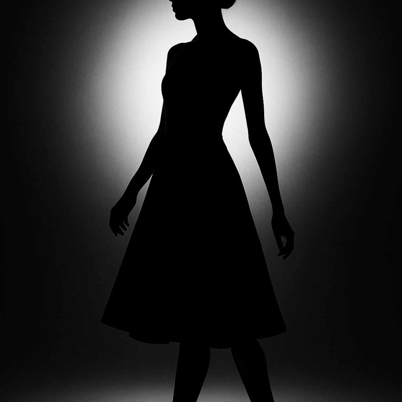 Silhouette of a model in black and white fashion dress