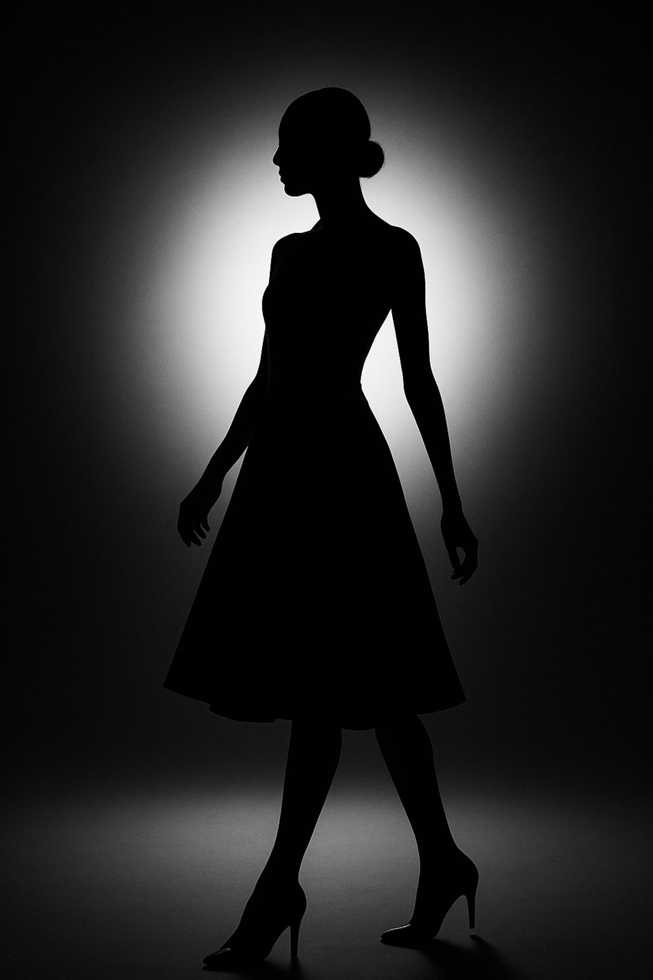 Silhouette of a model in black and white fashion dress