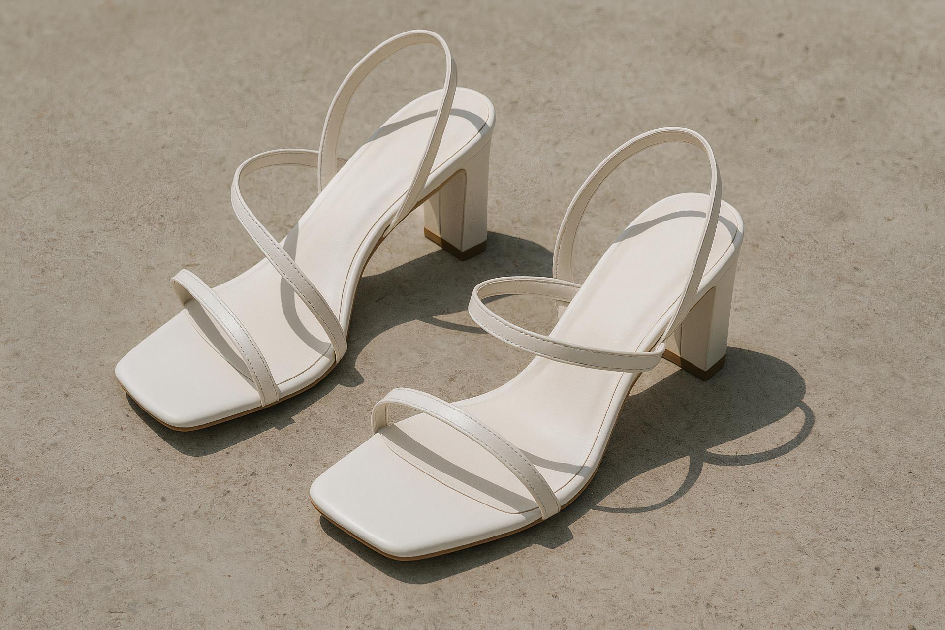 Slide sandals, high-heeled shoes in elegant display