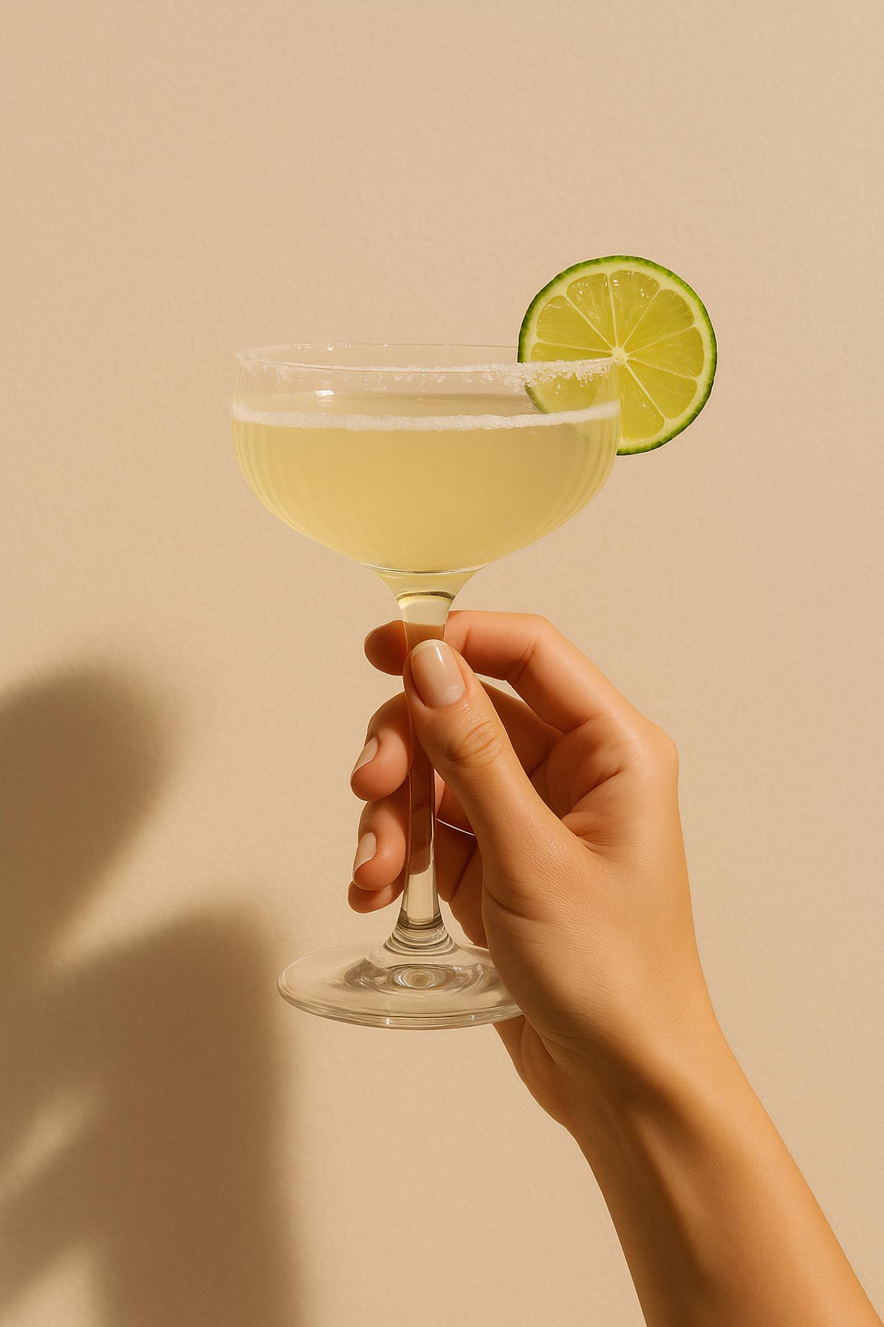 Gimlet, martini, daiquiri, champagne glass, fruit garnish on elegant table setting
