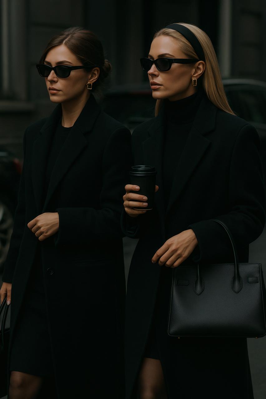 Girl in eyewear and overcoat with bag, sunglasses, and blazer