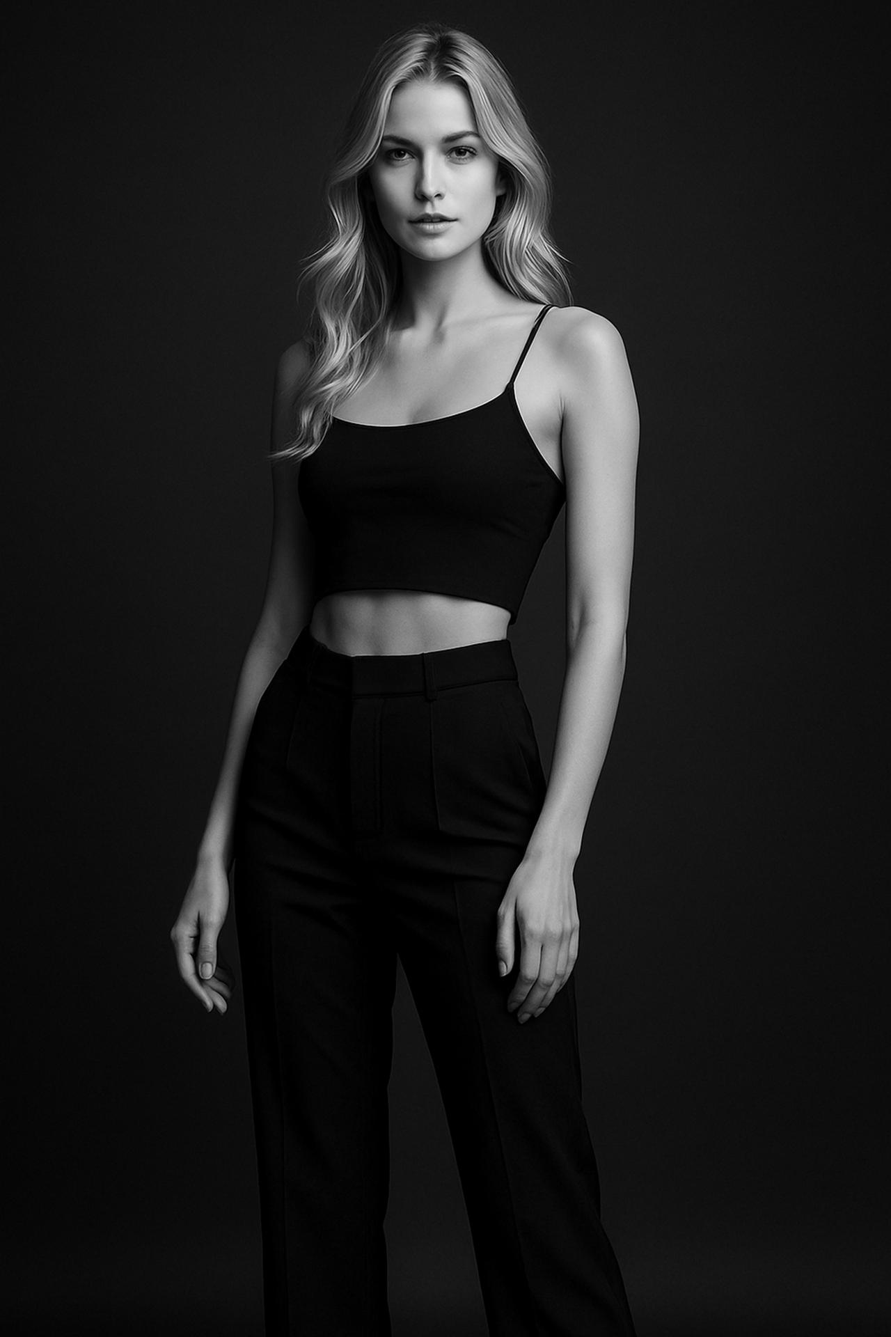 Fashion model beauty portrait in black outfit with blond hair