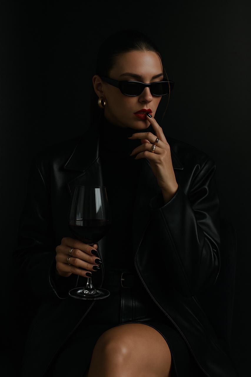 Fashion model in eyewear with leather jacket and lipstick