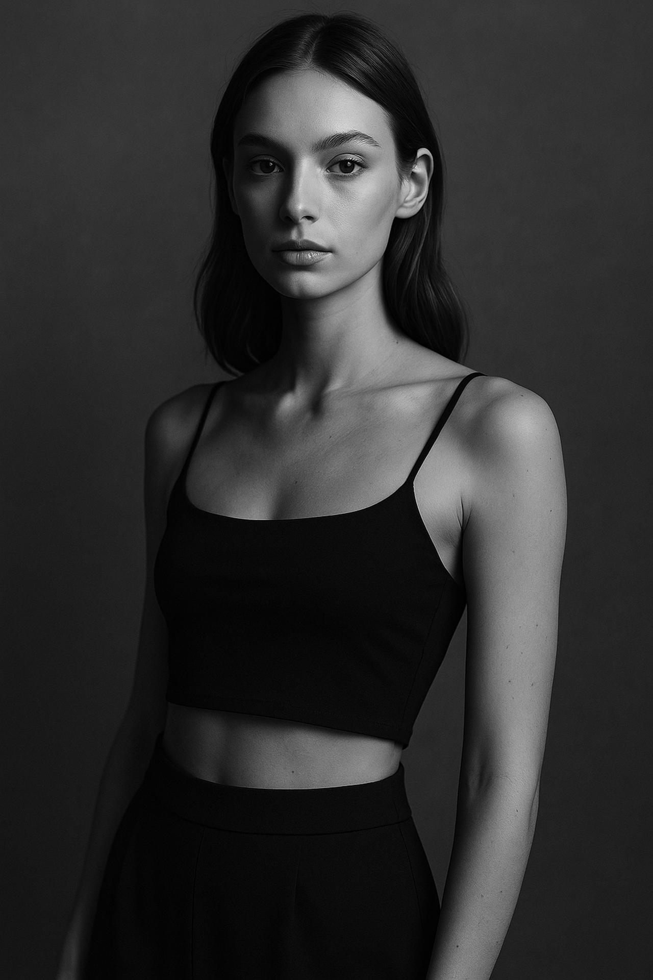 Fashion model in black camisole, shoulder, waist, beauty photo shoot