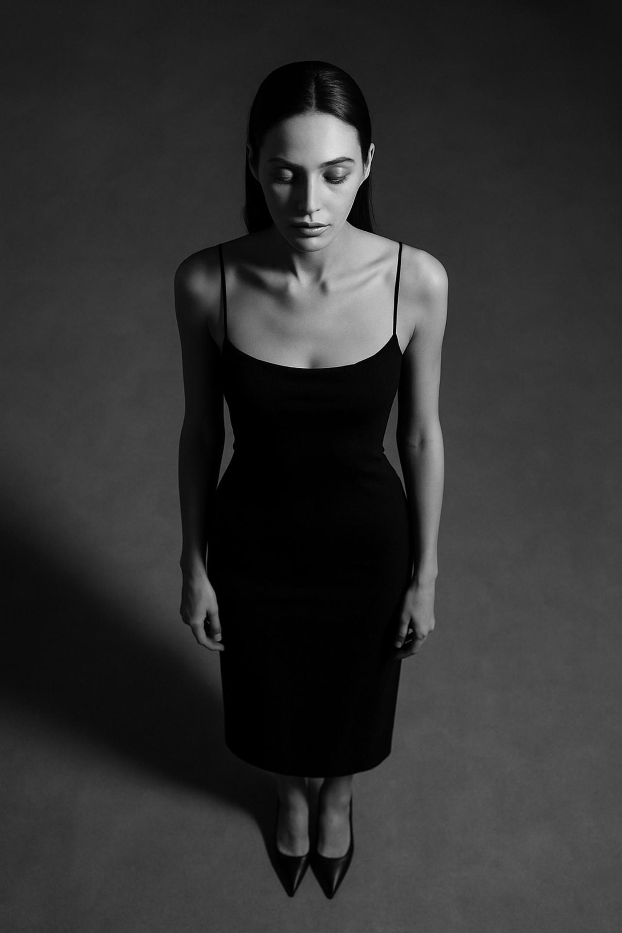 Fashion model in black cocktail dress standing elegantly, monochrome photography