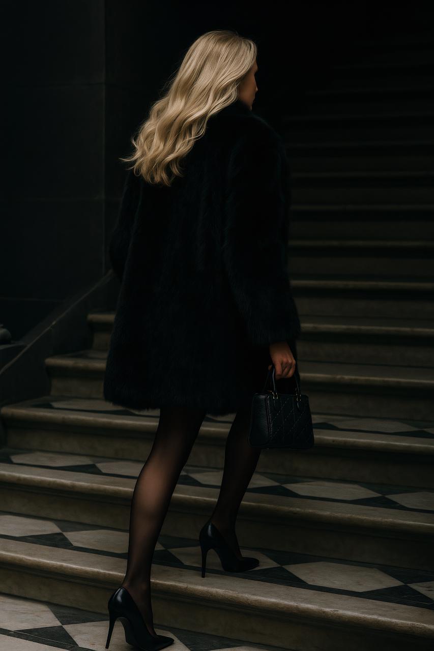 Fashion model in black fur coat and dress