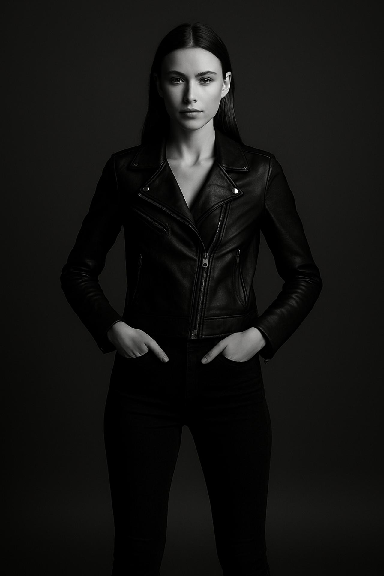 Fashion model in black leather jacket, monochrome photo shoot