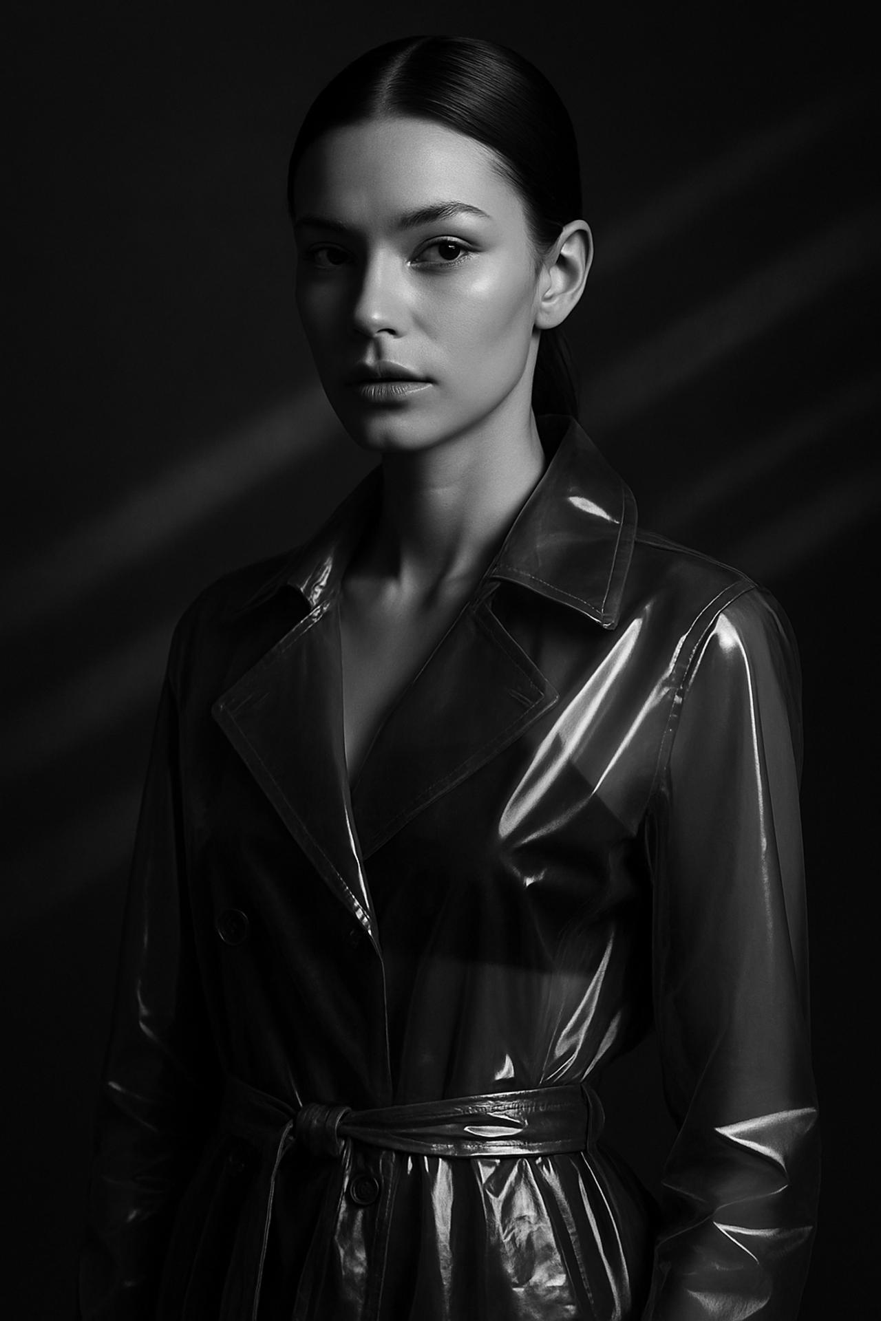 Fashion model in black leather jacket, monochrome portrait