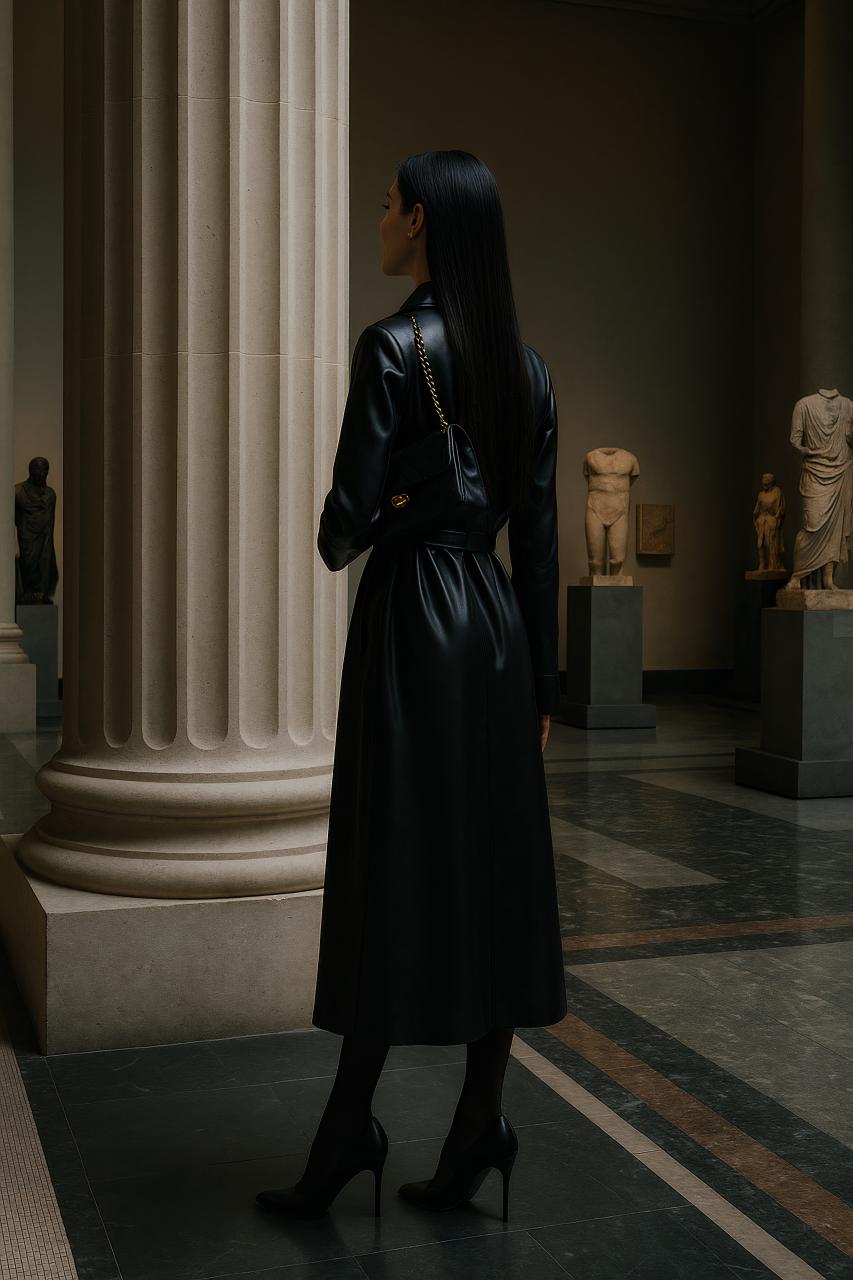 Fashion model in black one-piece garment and overcoat, standing confidently