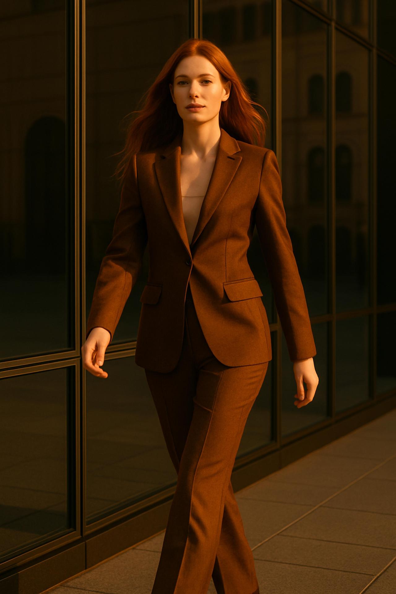 Fashion model in brown hair collared blazer and pantsuit