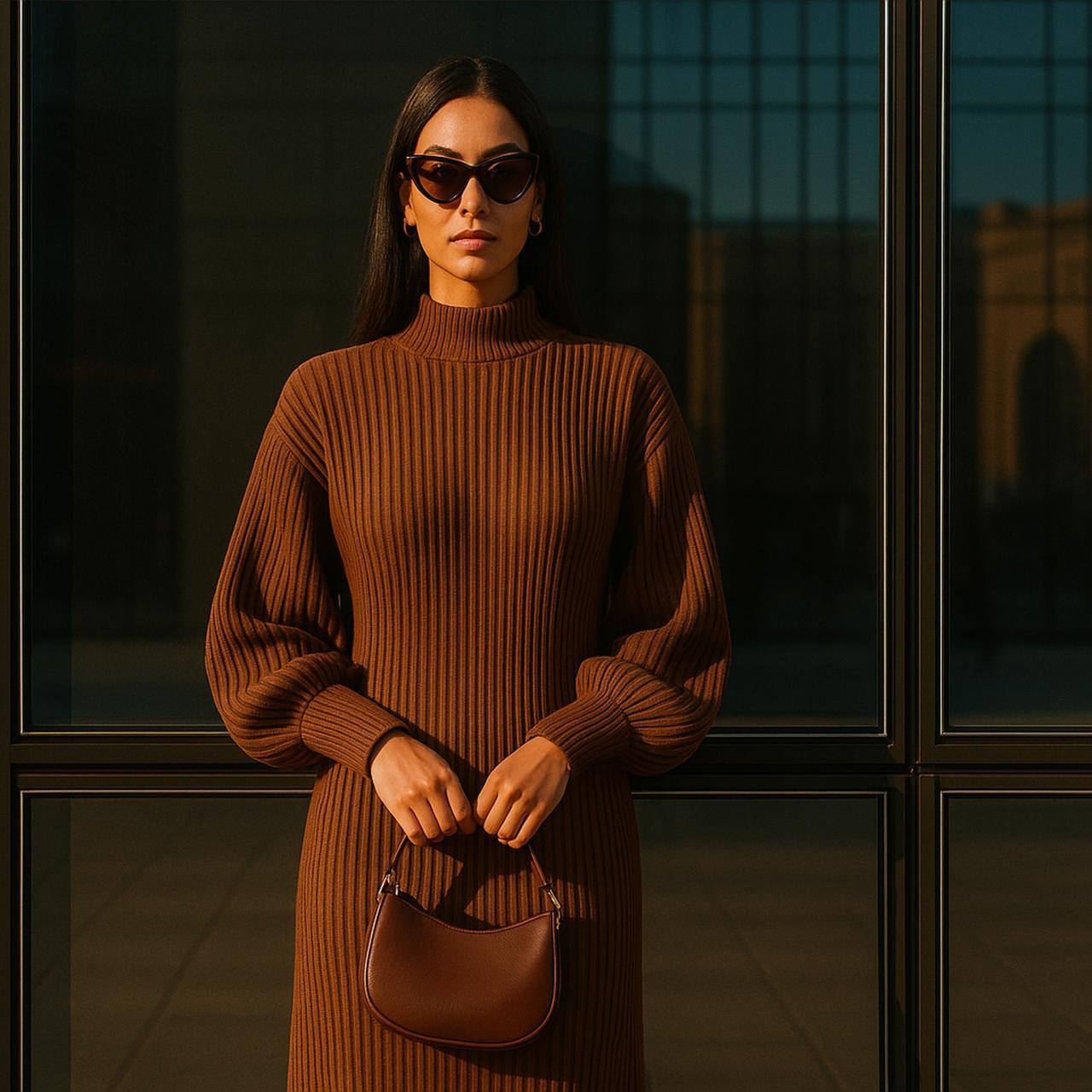 Fashion model in brown one-piece garment posing at photo shoot