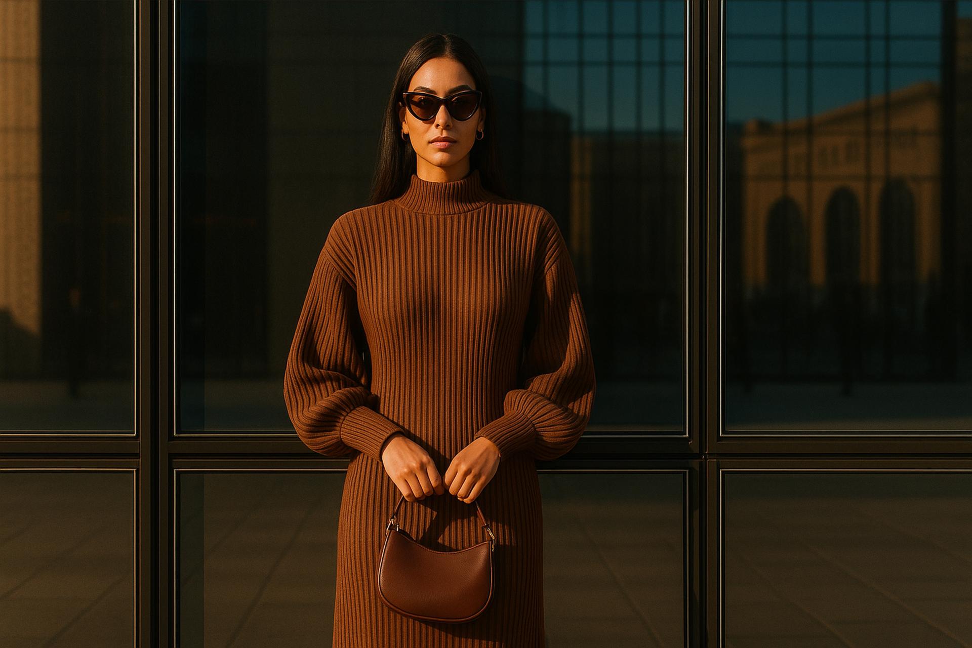 Fashion model in brown one-piece garment posing at photo shoot