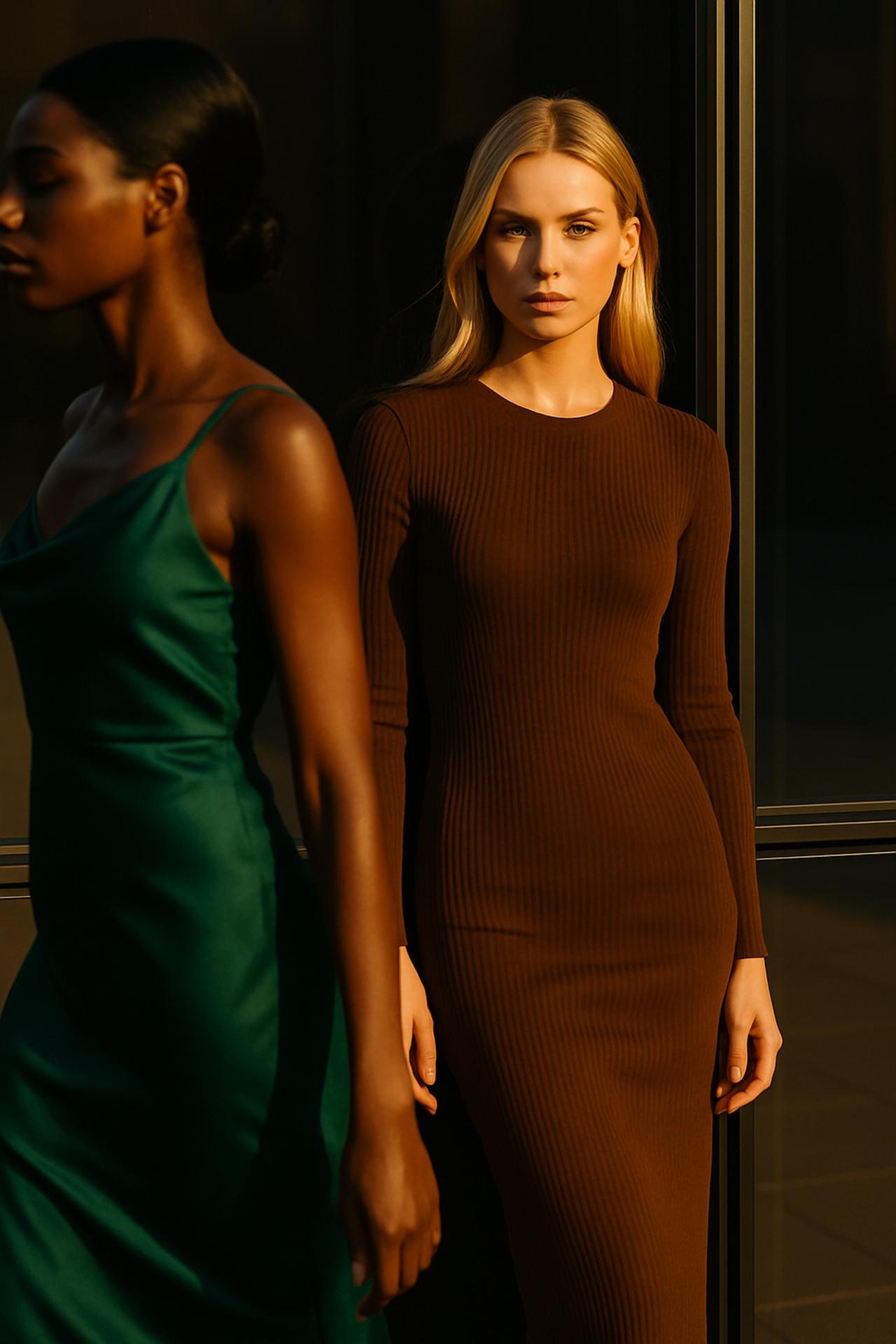 Fashion model in day dress, showcasing elegant design with focus on waist and knee.